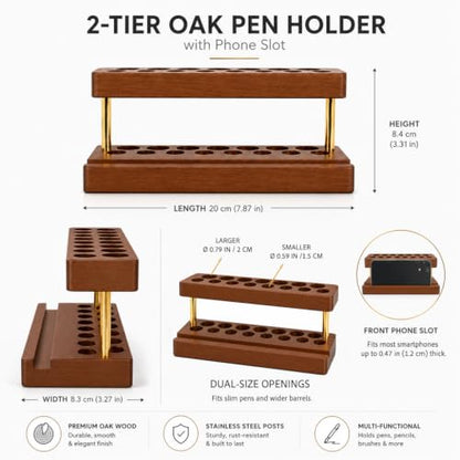 Pen Holder for Desk, Pencil Organizer, Fountain Pen Display Stand - color: Double-row - Walnut