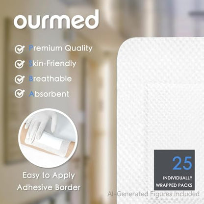 Ourmed Island Dressing Bordered Gauze 4"x 4"(2"x 2" Absorbent Pad), Pack of 50, Self-Adhesive Sterile Dressing with Highly Absorbent, Latex& Rubber- Free, for Cuts and Scratches - size: 4"x 4"(50 PCS)
