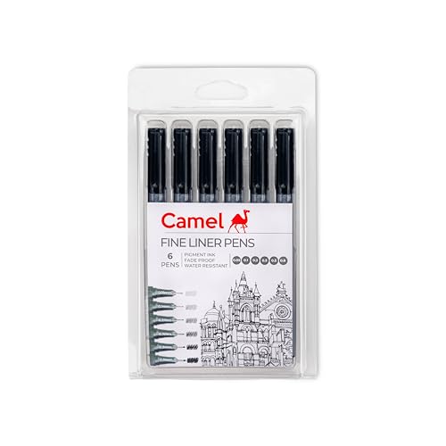 Camel Fine Liner Pens, assorted pack of 6 pens with 6 free A6 postcards