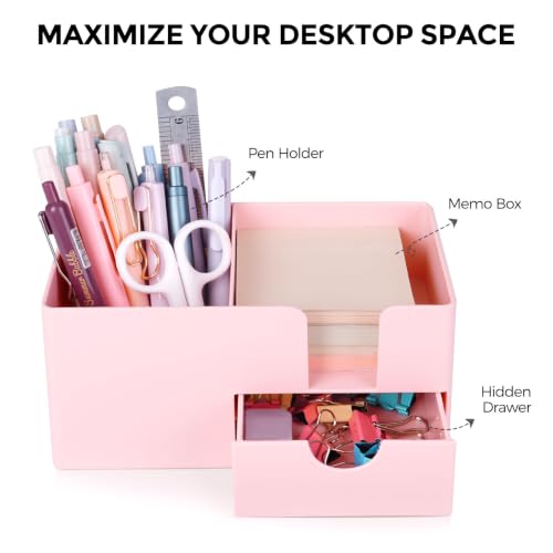 SKYDUE Small Desk Organizer with Sticky Notes Holder,Pen Holder for Desk - color: Pink