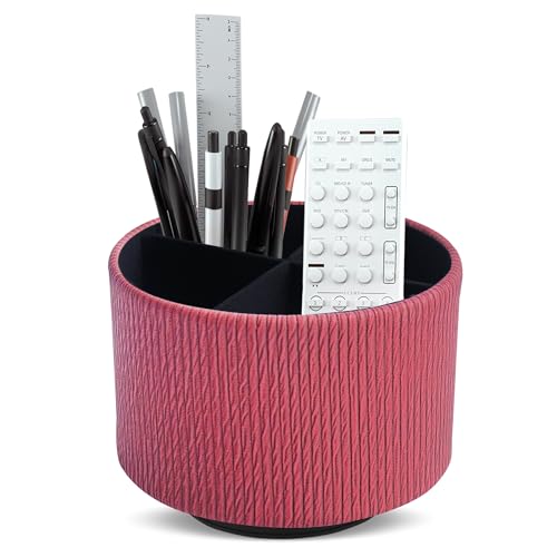 Round Leather Art Supply Organizer,Remote Control Holder,360 Degree Spinning,Multi-Functional Pencil Holder,4 Compartments Desktop Stationary Organizer(1-Wood Red) - color: 1-Wood Red