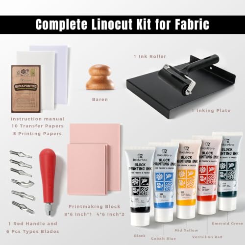 Bobblebro Linocut Kit for Printmaking, 5 Color Fabric Block Printing Kit - color: 5 Color set