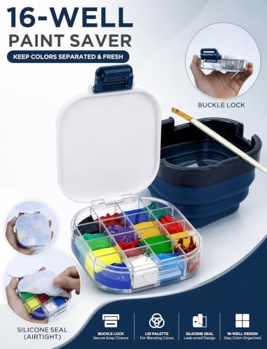 16-Well Airtight Empty Palette Box with Lid & Foldable Water Cup, Blue - color: Blue