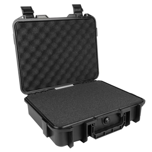 Hard Case, Waterproof Shockproof Hard Case with EVA Sponge, Carrying Tool Storage Box with Handle, Safety Lock Hole, and Air Guide Valve for Drones, Camera, Equipments|Lock Boxes
