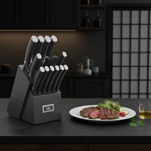WANGMAZI 15‑Pcs Knife Block Set, Stainless Steel, Black - color: 03-Black