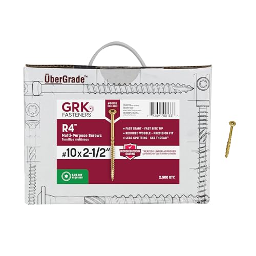 GRK Fasteners R4#10 x 2-1/2 Inch, Multi-Purpose Framing Screws, 2000 PCS, Rust Resistant Climatek Coating, Outdoor Fencing and Deck Screws, Fast Bite Tip, Star Drive Recess, Gold - size: #10 x 2-1/2" 2500 count