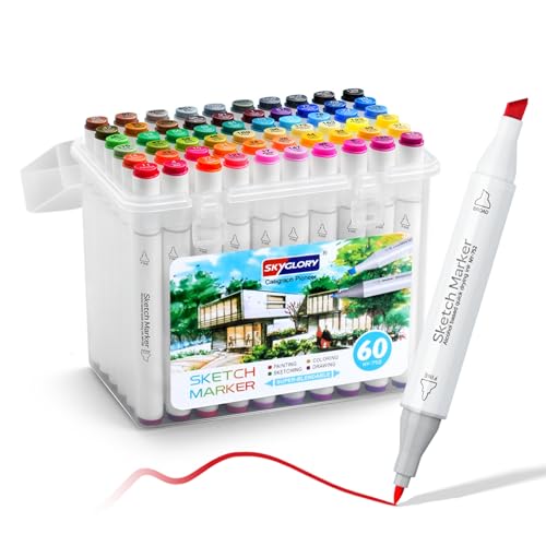 Alcohol Marker Pen Set, Fine & Chisel Dual-Tip Sketch Marker Set with Carrying Case for Drawing, Sketching, Anime, Manga (60)