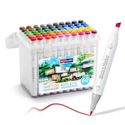 Alcohol Marker Pen Set, Fine & Chisel Dual-Tip Sketch Marker Set with Carrying Case for Drawing, Sketching, Anime, Manga (60)