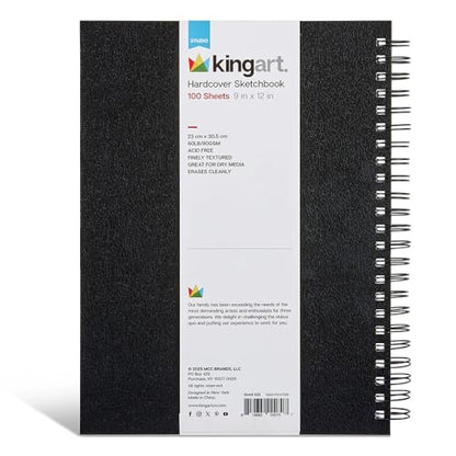 KINGART Hardcover Sketchbook (Black), Side Wire Bound, 60 Lbs. (90G), 9" X 12", 100 Sheets
