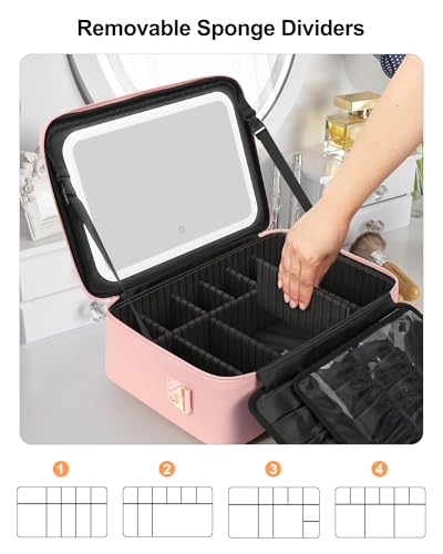 Relavel Large Makeup Case with LED Mirror, 16.2" Train Case with Dividers - color: 01-Pink, size: 3-Large