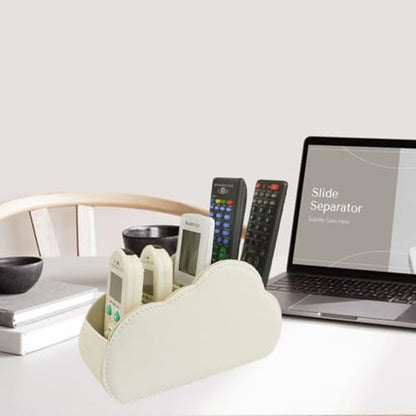 Remote Control Holder - 5 Spacious Compartments TV remote holder Caddy Leather Control Storage Tabletop Desk Organizer for Remote Controller,Office Stationery,Makeup Brush - color: Light Beige
