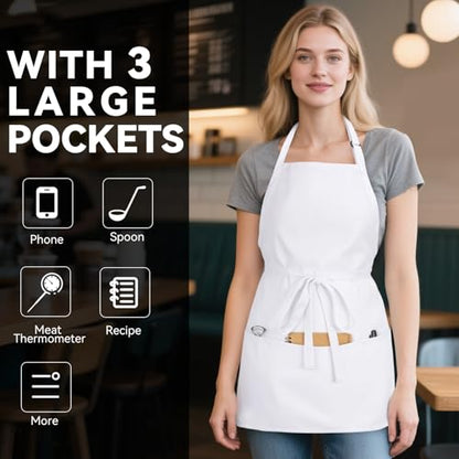 NLUS Kitchen Cooking Apron with 3 Pockets, Adjustable Bib Apron Chef Aprons for Women Men - color: White