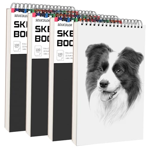 Soucolor Artist 9x12 Sketch Book Set, 4 Pack 400-Sheet Spiral Drawing Pads - color: Black, size: 9" x 12" (Pack of 4)