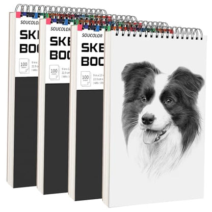 Soucolor Artist 9x12 Sketch Book Set, 4 Pack 400-Sheet Spiral Drawing Pads - color: Black, size: 9" x 12" (Pack of 4)