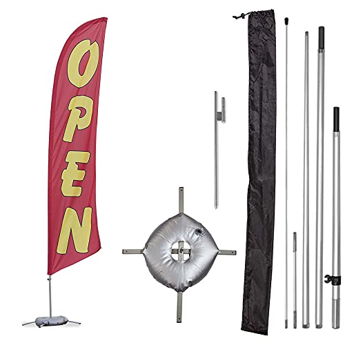 Vispronet Premium Open Feather Flag Kit - Includes 13ft Sectional Aviation Grade Fiberglass Poles, Red Open Flag, Cross Base, Weight Bag, Ground Spike and Pole Sleeve Bag - color: Red, size: Premium/Both Bases