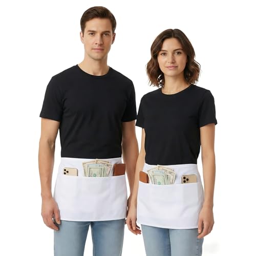 BOHARERS Waist Apron with 3 Pockets - White Waitress Waiter Server Short Apron - color: A-1 Pack White