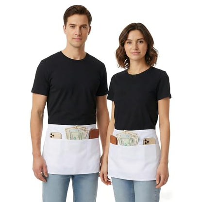 BOHARERS Waist Apron with 3 Pockets - White Waitress Waiter Server Short Apron - color: A-1 Pack White