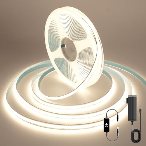 COB LED Strip, 16.4ft White LED Strip Light, Dimmable LED Light Strip 4000K Bright Neutral White, CRI92+, 8mm Width, 24V Flexible LED Tape Light for TV, Bedroom, Kitchen Cabinet, Closet, Home. - color: 4000K, size: 16.4FT