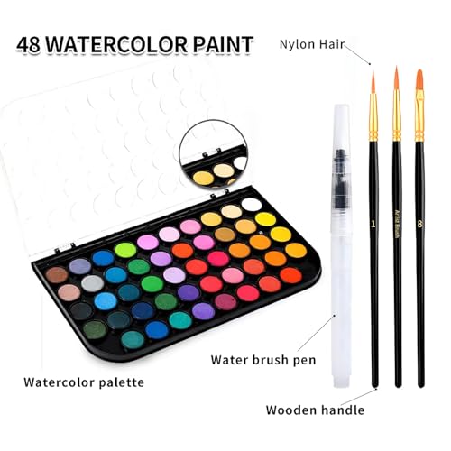 GETHPEN 48 Colors Watercolor Paint Set with 4 Brushes Pen, Travel Design - color: Black