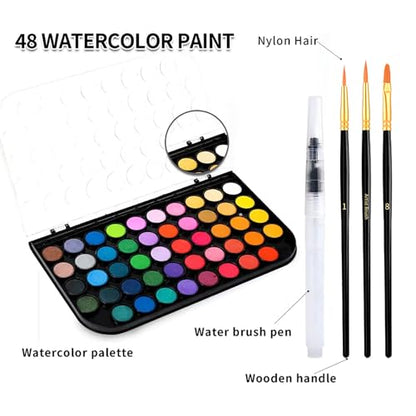 GETHPEN 48 Colors Watercolor Paint Set with 4 Brushes Pen, Travel Design - color: Black