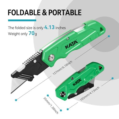 KATA Folding Utility Knife Set, 2 Pack Box Cutter with Extra 10 SK5 Blades - color: Green/Orange