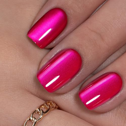 CurvLife Short Square Press On Nails, Chrome Hot Pink, Soft Gel - color: Chrome hot pink
