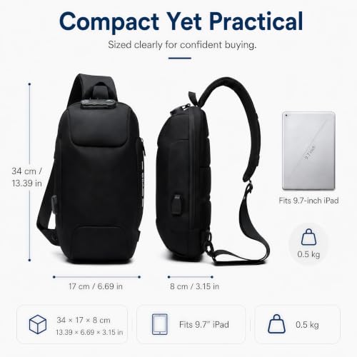 OZUKO Sling Backpack for Men - Anti-Theft Crossbody Bag, Waterproof with USB Charging Port - color: Black