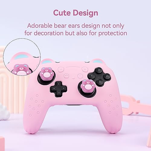 GeekShare Sugar Bear Controller Skin Set Anti-Slip Silicone Protective Cover Skin Case for Switch Pro Controller with 2 Thumb Grip Caps and 1 Sticker - Pink