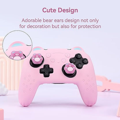 GeekShare Sugar Bear Controller Skin Set Anti-Slip Silicone Protective Cover Skin Case for Switch Pro Controller with 2 Thumb Grip Caps and 1 Sticker - Pink