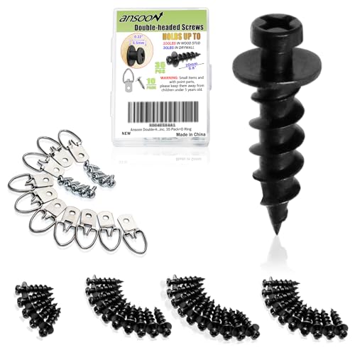 35Pcs Double Headed Bear Claw Picture Hanging Screws with D Rings - color: Black Zinc, size: 35 Pack + D-ring
