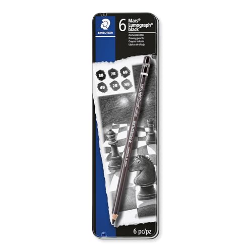 STAEDTLER Mars Lumograph Black Drawing Pencils Set: 6 Pack – Carbon Blend for Deep Black Tones, Professional Artists Pencils, 8B–HB Grades, Storage Tin, For Sketching, Shading & Fine Art Drawing - size: 1 Count (Pack of 6), style: 6 Grades