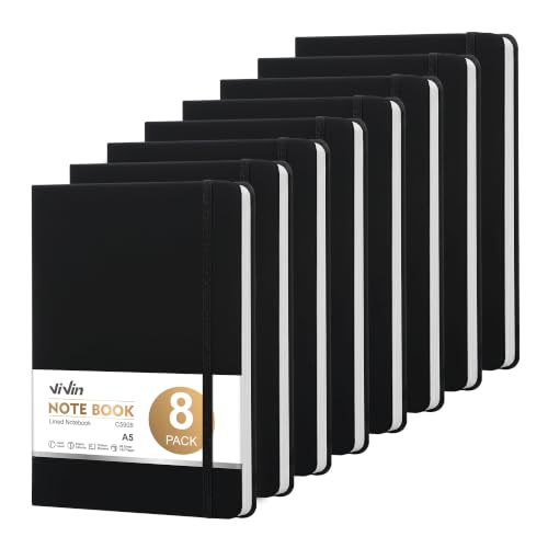ViVin 8 Pack A5 Hardcover Lined Notebook,192 pg College Ruled 5.5x8.3 - color: Black, size: 8 Pack