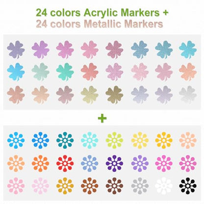 24 Metallic & 24 Acrylic Paint Markers Pens - Brush & Fine Dual Tip 48 Pack