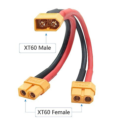 Short XT60 Parallel Battery Connector Cable 3.9", Y Splitter Adapter Plug - size: XT60 1 Male to 2 Female - 2Pcs