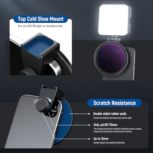 NEEWER 67mm Clip On Variable ND Filter Kit with Cold Shoe Phone Clip, Adjustable ND2-32 Filter Compatible with iPhone 17 16 15 Pro Max Plus Android Samsung Galaxy S24 S25 Ultra - style: ND2-ND32 w Threaded Adapter Ring