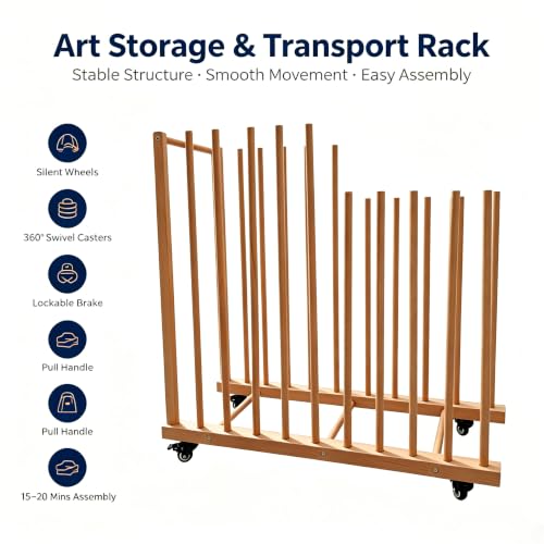 Large Art Storage Rack with Wheels, Art Canvas Boards Rack Art Storage with Handle & Caster Wheels for Drawing Board, Panel, Paper Pad for Gallery, Art Studios, Artworks