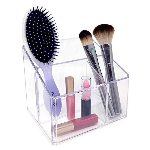 Isaac Jacobs Clear Acrylic 3-Compartment Organizer, Remote Holder & Multi-Functional Makeup, Brush, Pen & Pencil Storage Solution, for The Home, Bathroom, Office, Child’s Desk (3-Section, Clear) - size: 3-Section