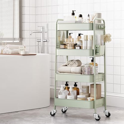 TOOLF 4 Tier Rolling Cart, Metal Utility Storage Cart with Pegboard, Green - color: Green, size: 4-Tier
