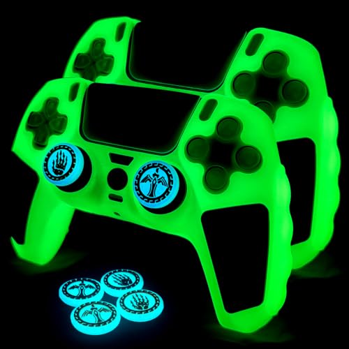2 Pack Glow in The Dark Green PS5 Controller Skin,Include 4 Pcs Thumb Grips Glow Accessories. (2 Pack Glow Green Black) - color: 2 Pack Glow Green Black
