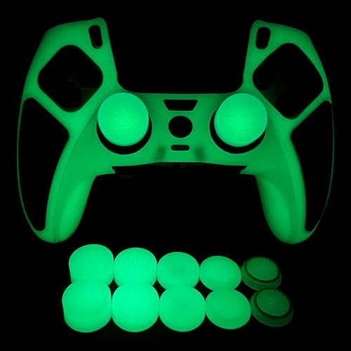 Glow in The Dark Controller Skin,Green Anti Slip Soft Thicked Studded Silicone Cover Skins Compatible with ps5 dualsense Edge,Include 8 PCS Thumb Grips Caps and 2 Grips Caps Glow in The Dark. - color: Glow Green Black