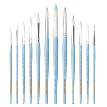 12 Pcs Round Professional Artist Watercolor Paint Brush Set, Blue - color: Blue, size: Round