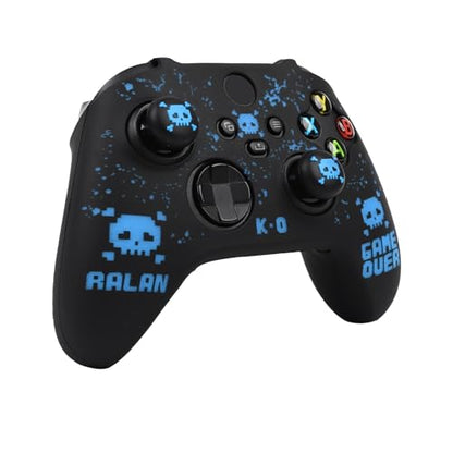 Pixelated Skull Controller Skin Compatible with Xbox Series X Wireless Controller, RALAN Protector Case， Customised Thumb Grips Cap - color: Pixelated Skull Black Blue
