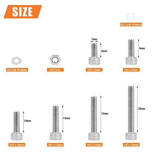 HELIFOUNER 500 Pieces M3 x 6mm /8mm /10mm /12mm /16mm /20mm, Hex Socket Head Cap Metric Screws Bolts Washers Nuts Kit, 304 Stainless Steel - size: M3