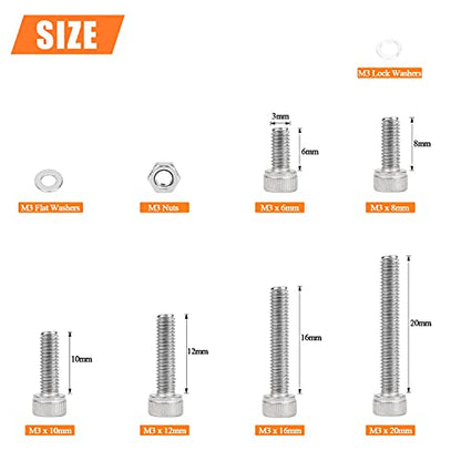 HELIFOUNER 500 Pieces M3 x 6mm /8mm /10mm /12mm /16mm /20mm, Hex Socket Head Cap Metric Screws Bolts Washers Nuts Kit, 304 Stainless Steel - size: M3