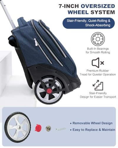 NEW TILAMI 19 Inch Rolling Backpack for School Stair-Climbing Big Wheel - color: Navy Blue