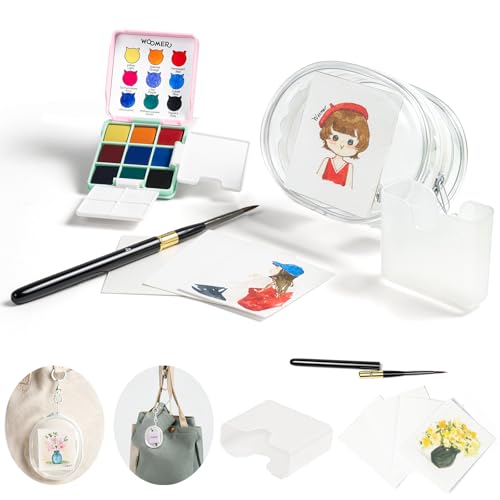 Woomer 9-Color Travel Watercolor Pan Set with Brush, Cup & Display Pouch