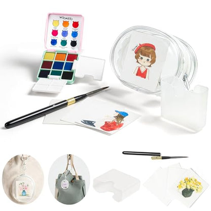 Woomer 9-Color Travel Watercolor Pan Set with Brush, Cup & Display Pouch