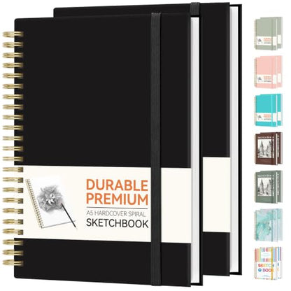 Forvencer 2 Pack Blank Spiral Notebook, 8"x 5.6"Hardcover Sketch Book - color: Black