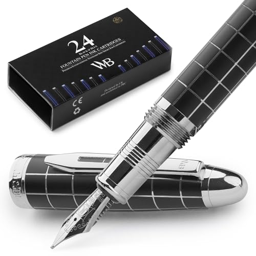 Wordsworth & Black Majesti Luxury Fountain Pen Set for Writing, Medium Nib - color: Checked Chrome, style: Medium Nib