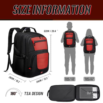Large Travel Backpack, 17.3" Laptop Backpack, Red - color: Red, size: 17.3 Inch（20.4"x13.3"x10.2"）